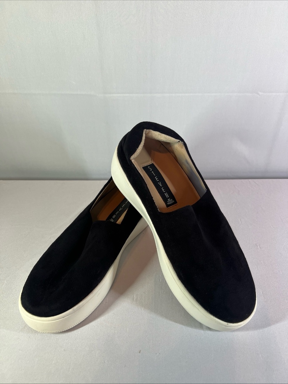 Steven By Steve Madden Black Suede Slip-On Sneakers with White Platform Sole